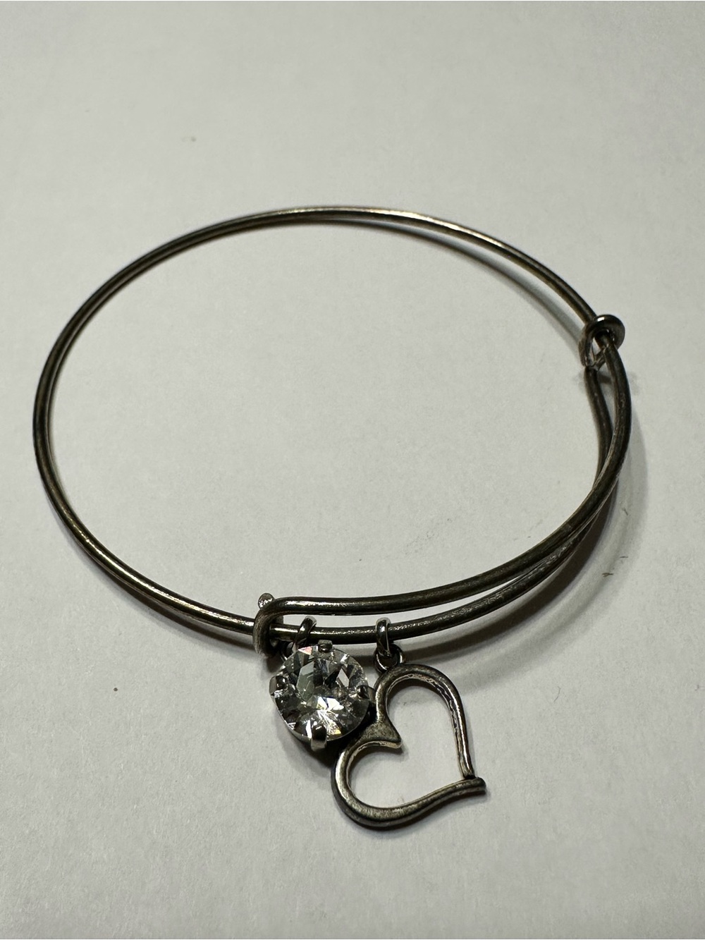 Silver-Tone Heart Charm Bangle with Clear Crystal